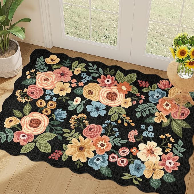 DUKINO 2x3 Rugs for Entryway, Floral Door Mat Washable Kitchen Rugs, Black | Non Slip, Low Pile, Soft Small Rugs for Entrance, Bedroom, Bathroom, Laundry, Pet Friendly, Non-Shedding, Modern Home Decor