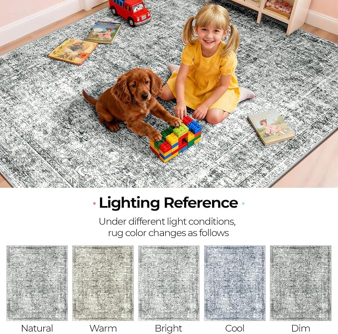 CAPALOCA Square 5ft Washable Nursery Girls Low Pile Area Rug Grey | Non-Slip Soft Rugs for Bedroom Kids Playroom Living Room, Print Pattern Water Repellent Carpet Indoor Decor