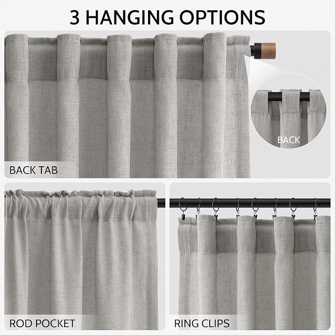Nanspring Light Gray Linen Curtains 108 Inches Long for Living Room Extra Long Simple Modern Coastal Decor Semi Sheer Curtain Grey Back Tab Floor to Ceiling Drapes for Bedroom 52x108, 2 Panels