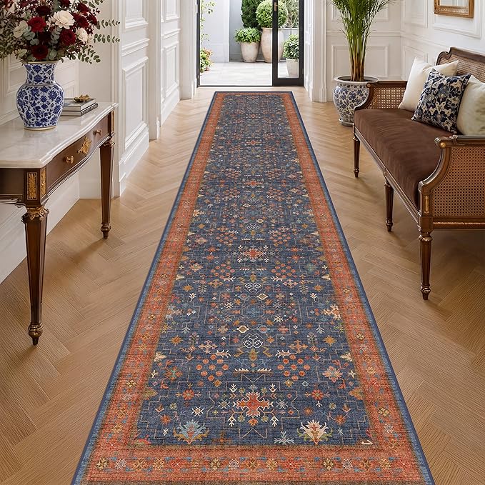 Hazo Haus Boho Washable 3x16 Extra Long Hallway Runner Rug, Navy Blue Large Kitchen Floor Rug Indoor, Non-Slip Stain & Fade Resistant, Vintage Unique Bohemian Blue Décor