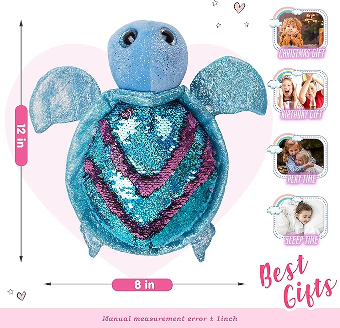 Athoinsu Reversible Sequins Stuffed Animal Sea Turtle Sparkly Soft Plush Toy Ocean Life Tortoise Throw Pillow Birthday Valentine's Day Plushie Gifts for Toddler Kids Boys and Girls, 12'' (Blue)