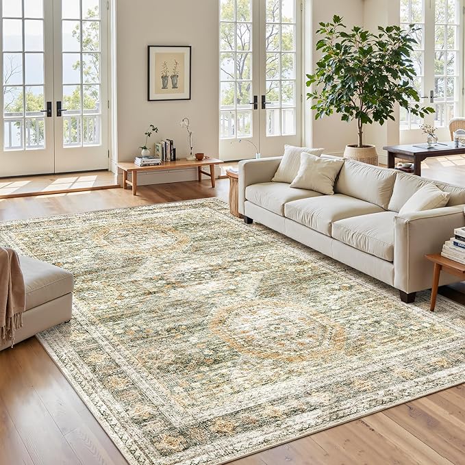 Soalmost 6x9 Area Rug for Living Room Washable Rugs Non-Slip Green/Orange | Low-Pile Vintage Carpet for Dining Bedroom, Foldable Thin Stain Resistant Floor Mat Under Table Home Office Nursery Decor