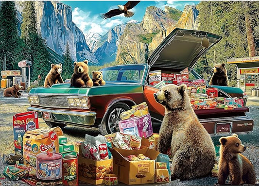 Blueforest Yosemite Bears Picnic Adventure 1000 Piece Puzzle for Adults - Challenging Wildlife Jigsaw Puzzle with Vintage Car, Granite Cliffs | Bonus Poster & Letters on Back (27.5" x 19.7")
