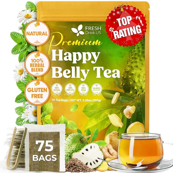 FreshDrinkUS, Premium Happy Belly Tea | 75 Tea Bags | Herbal Tea Blend with Soursop Leaves, Ginger, Fennel Seed, Lemon Balm, Cinnamon, Papaya Leaves & Rose Hip – Naturally Caffeine Free. Sugar Free