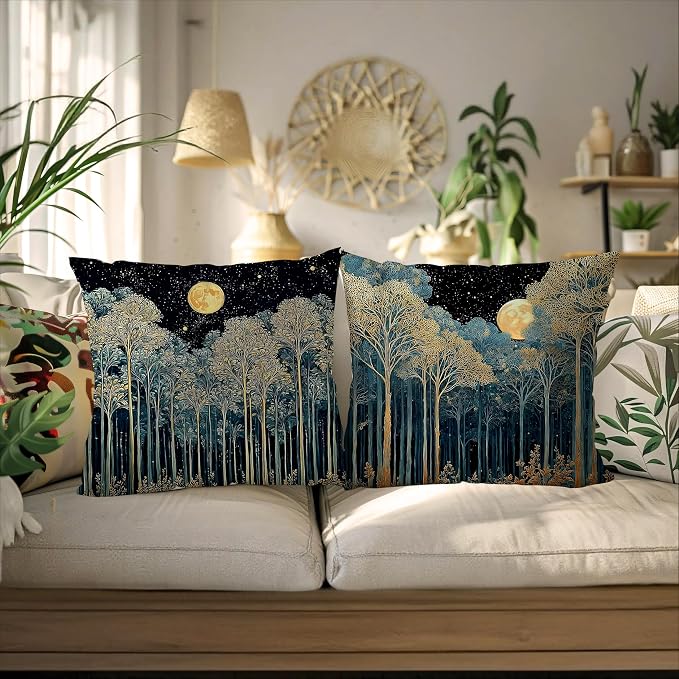 Vintage William Morris Inspired Gold Forest Moon Pillow Covers 18x18 Set of 2,Rustic Black and Gold Botanical Moon Nature Landscape Decorative Throw Pillow Covers for Home Bedroom Living Room