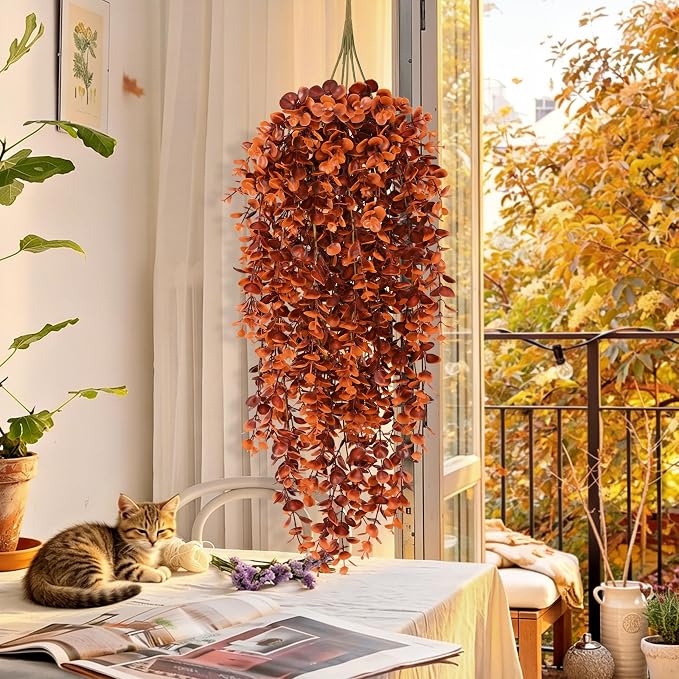 Waipfaru 4Pcs Fake Hanging Plants, Red-Brown Eucalyptus Fake Vines Ivy | UV Resistant Artificial Plants Outdoor Faux Plants Indoor Bedroom Living Room Boho Wall Porch Shelf Decor