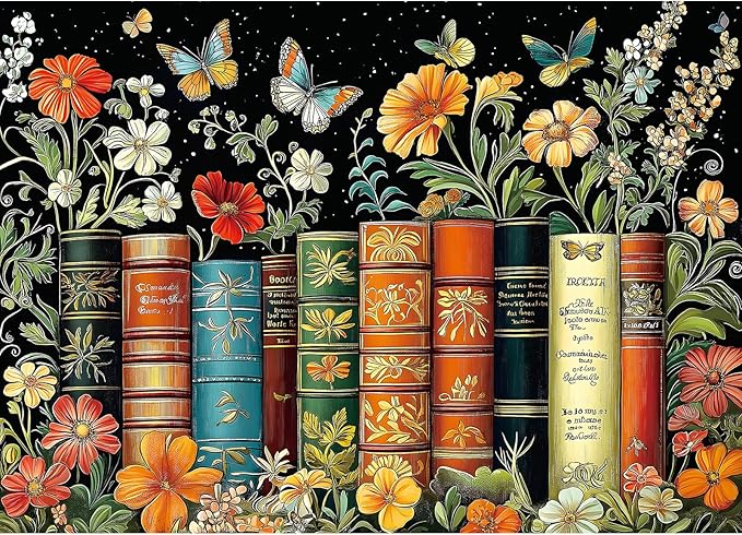 1000 Piece Jigsaw Puzzle for Adults - Vintage Book Spines & Wildflowers: Botanical Garden with Butterflies, 27.5x19.7 Inch Unique Art Puzzle, Challenging Hard Difficult Puzzles for Adults