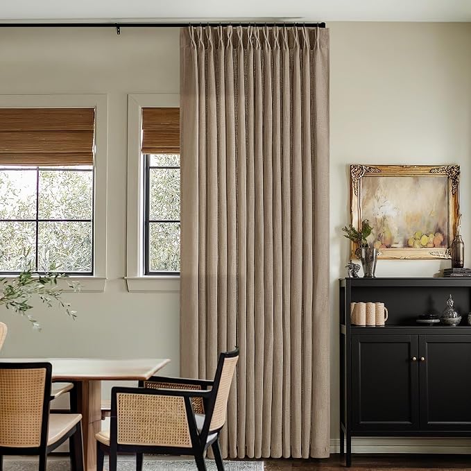 TWODRAPES Pleated Linen Curtains 96 Inches Long Living Room 2 Panel Set Semi Sheer Light Filtering Pinch Pleat Rings Hooks Drapes Boho Farmhouse Rustic Light Brown Tan Latte Curtain Bedroom Window