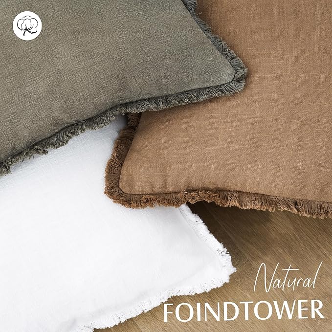 Foindtower Set of 2 Decorative Linen Fringe Throw Pillow Covers Cozy Boho Farmhouse Cushion Cover with Tassels Soft Accent Pillowcase for Couch Sofa Bed Living Room Home Decor, 26×26 Inch, Khaki Brown
