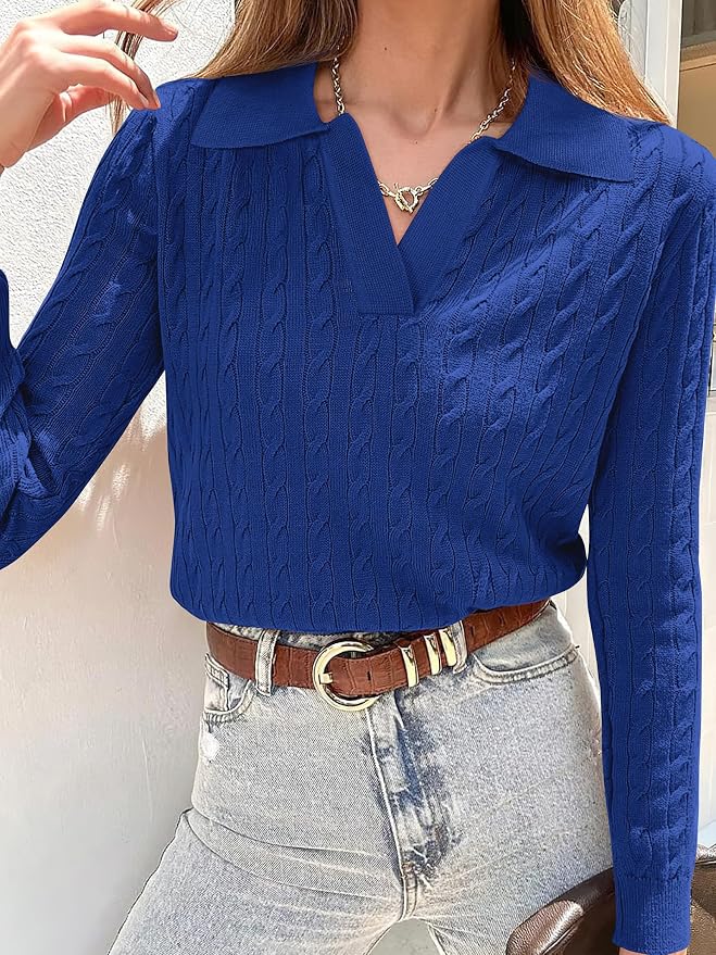 ANRABESS Womens Cable Knit Sweaters Long Sleeve V Neck | Pullover Collared Sweater Tops, Polo Knit Shirts, Business Casual Work, Tennis Golf, Fall Winter Fashion Outfits