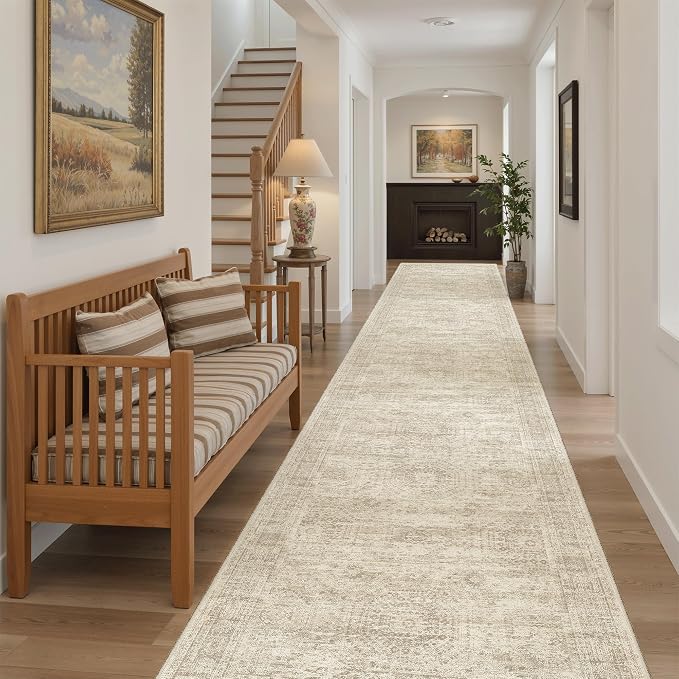 Soalmost Washable 3x14 Hallway Runner Rug Non-Slip Kitchen Entry Rugs Beige | Vintage Long Runners 14ft for Bathroom Entryway, Foldable Low-Pile Wide Floor Carpet Mat for Corridor Living Room Bedroom