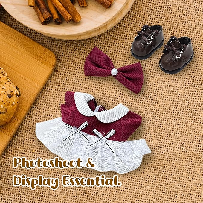 Handmade Clothes for 17cm LA B UBU，Suitable for 17cm Doll Accessories, Cute Clothing, Cute Clothes for Dress up Unique Style- Burgundy Skirt +Brown Shoes + Burgundy Bow