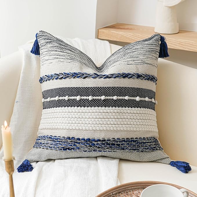 Navy Dark Blue Boho Throw Pillow Cover 22x22 Grey Decorative Accent Pillow for Couch Square Woven Textured Pillowcase Modern Boho Pillow for Bed, Bohemian Pillow Cover (Pack of 1)