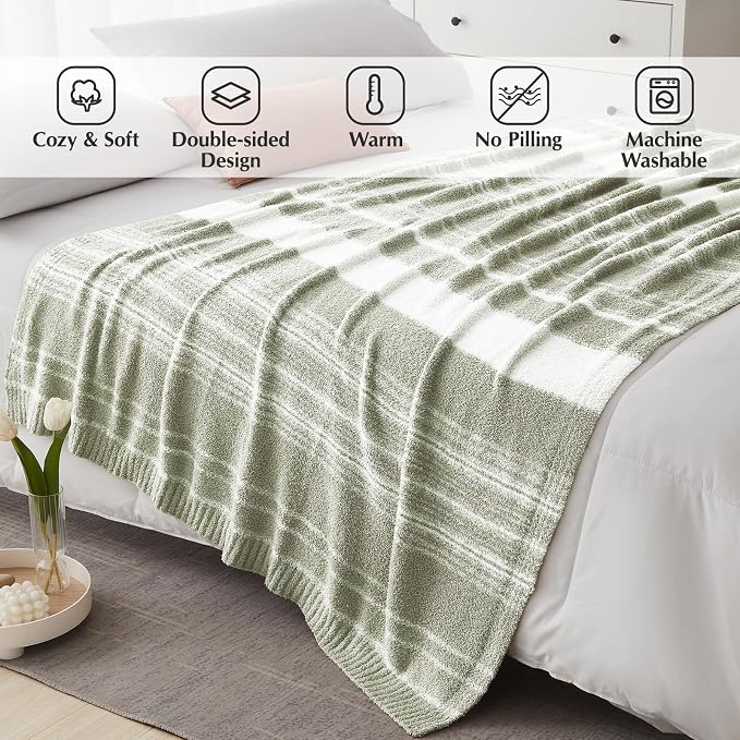 Soft Throw Blanket for Couch-Cozy Reversible Knitted Blankets | Lightweight Warm Fluffy Decor for Women, Mom, Her & Girls, Sofa, Chair, Bed, 50x70in, Sage Green Stripe