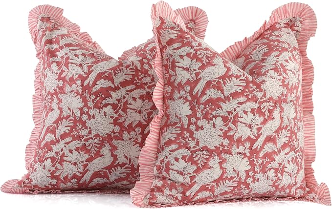 CPC Pink Coral Ruffle Throw Pillow Covers for Couch, 24x24 Inch Cotton Stripe Ruffle Couch Pillows for Living Room, Hidden 20 Inch Zipper Boho Pillow Case or Cute Outdoor Pillows
