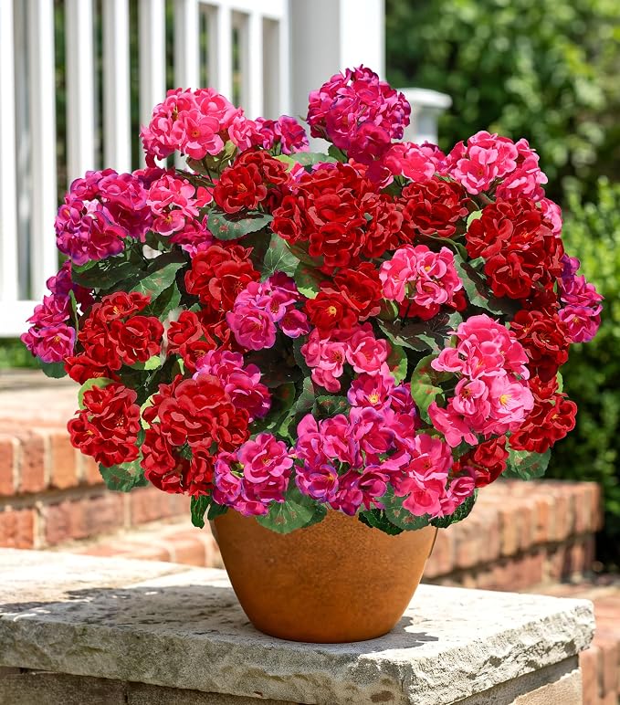 Artificial Geranium Fake Flowers for Outdoors Decoration, 6 Bundles Silk Geraniums Flower UV Resistant Look Real Faux Plants for Front Door Garden Porch Planter Patio Balcony Yard Indoor Home, Mix