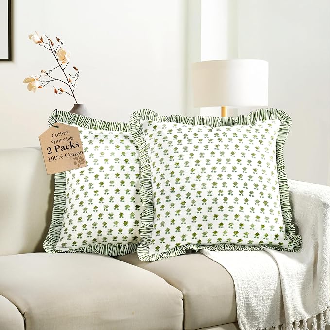CPC Lotus Meadow Hand Block Print 100% Cotton Ruffle Throw Pillow Cover 24x24 inch with Hidden Zipper Decorative for Couch, Bed, Sofa, Farmhouse, Cottagecore Decor Gift Christmas Fall Thanksgiving