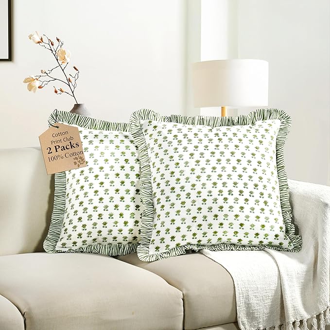 CPC Lotus Meadow Hand Block Print 100% Cotton Ruffle Throw Pillow Cover 18x18 inch with Hidden Zipper Decorative for Couch, Bed, Sofa, Farmhouse, Cottagecore Decor Gift Christmas Fall Thanksgiving