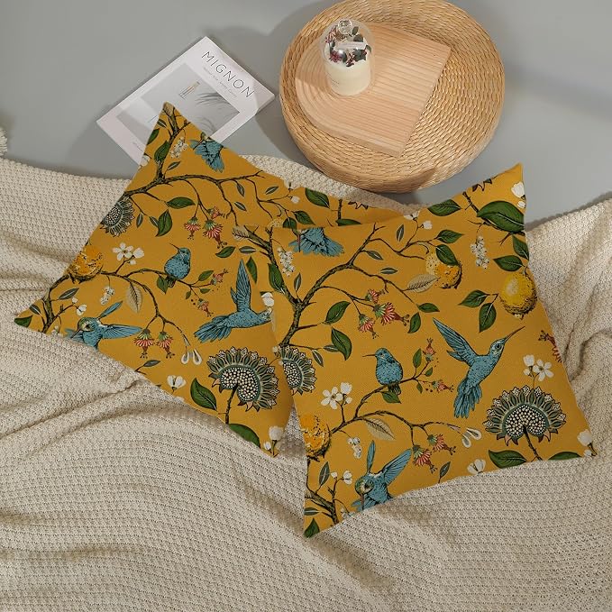 Chinoiserie Pillow Covers 18x18 Set of 2 Mustard Yellow Bird Floral Throw Pillows Vintage Yellow Lemon Flowers Decorations Pillowcase Outdoor Chinoiserie Decor Linen Cushion Case for Couch Home