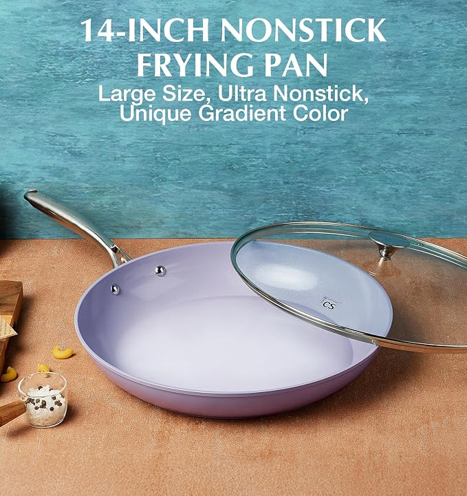 KOCH SYSTEME CS 14 Inch Frying Pan with Lid, Large Skillet with Lid, Extra Large Fry Pan for Family & Commercial Use, Oven Safe, 14 Inch Skillet Lids, Induction Compatible, Purple