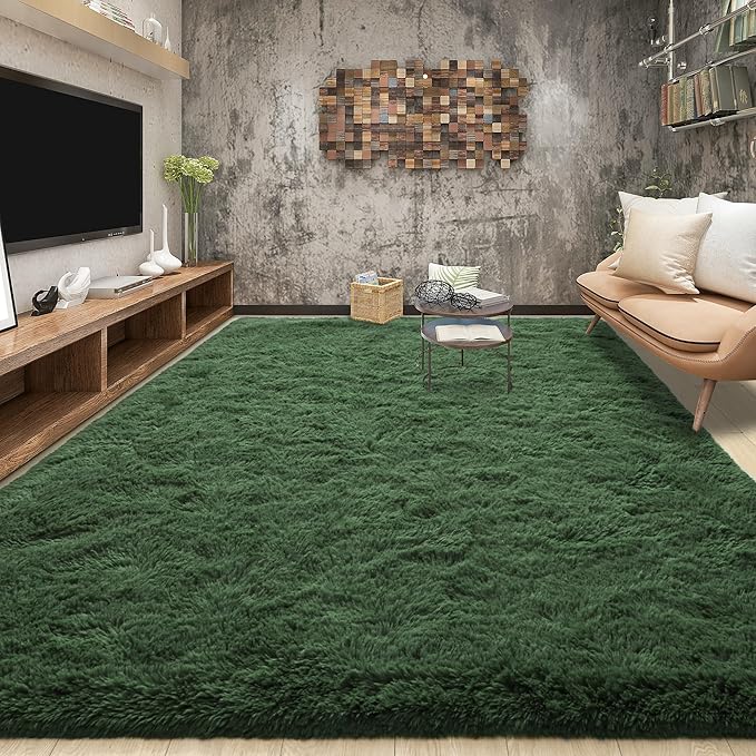 Tepook Fluffy Dark Green Rugs for Living Room Bedroom, 8x10 Soft Area Rug Forest Hunter Green Kids Girls Boys Rug, Indoor Plush Shaggy Non-Slip Carpet for Nursery Classroom Dorm Home Decor