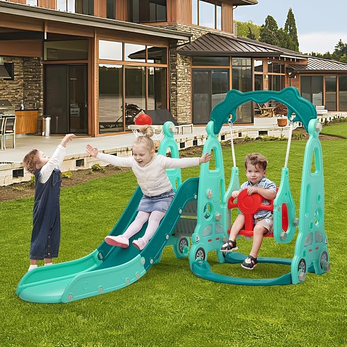 4 in 1 Slide Climber Swing Set, Freestanding Toddler Slide Climber Playset with Basketball Hoop, Toddler Playground Indoor Outdoor, Easy Setup