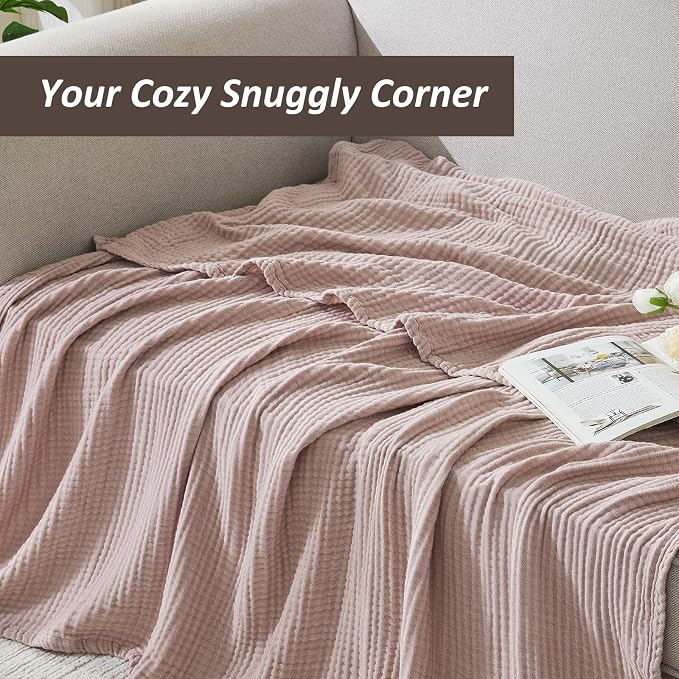 EMME Cotton Muslin King Blanket Breathable Gauze Soft Lightweight Blankets Adults Gifts for Women (Heather Dusty Pink, 108"x90")