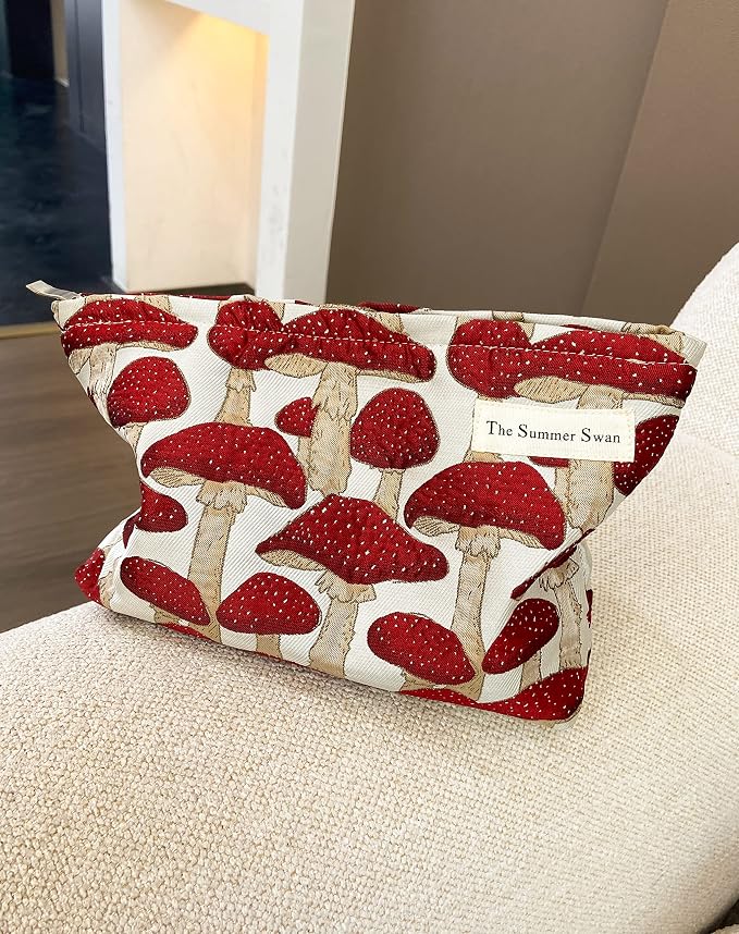 Summer Swan Mid-day Clutch - Floral Makeup Bag | Period Kit & Hygiene Bag - Cute Mushroom Red