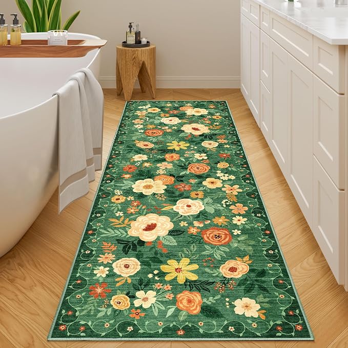 DUKINO 2x6 Runner Rug for Hallway Washable Kitchen Rugs Non Slip Dark Green | Low Pile, Soft, Floral Indoor Rug for Entryway, Bedroom, Laundry, Bathroom, Pet Friendly, Lightweight, Modern Home Decor