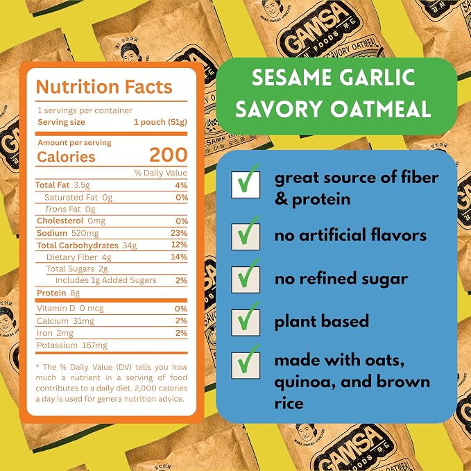Gamsa Savory Instant Oatmeal - Sesame Garlic, Premium Instant Korean-Inspired Hot Cereal with Sesame & Garlic, Nourishing & Satisfying Breakfast, Meal or Snack, Low Sugar, 5-Pack
