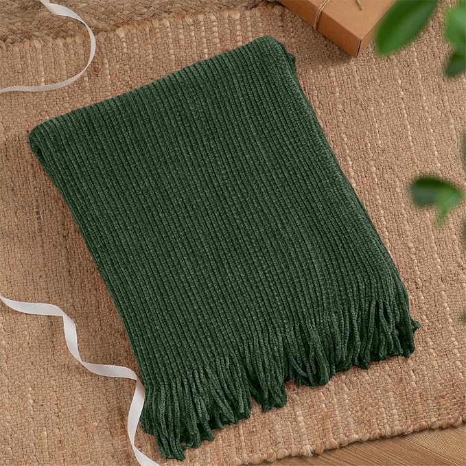 BATTILO HOME Dark Green Throw Blanket for Couch, 60"x80" | Soft Chenille Knit Throw Blanket with Tassels for Christmas Decor, Christmas Green Blanket for Bed Couch Cover