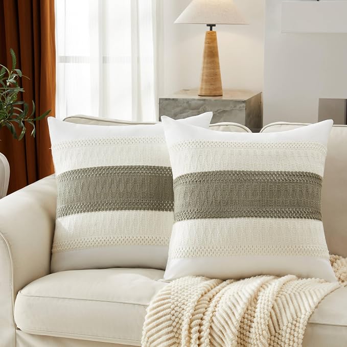 2pk Boho Pillow Covers 22x22, Natural White/Contrast/Dark Sage | 100% Organic Cotton Body, Stripe Embroidery, Farmhouse Decorative Cushion Covers for Sofa Bed Living Room Home Decor