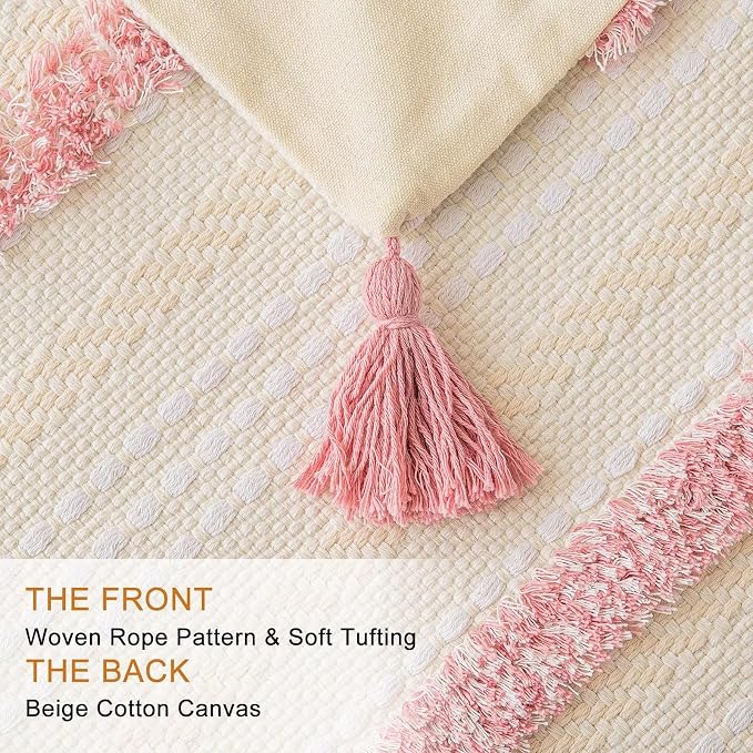 BUIOVBEY Boho Throw Pillow Covers Woven Tufted Pillow Cases with Tassels | Farmhouse Pillow Covers 20x20 Set of 2 Textured Striped Cushion Case Neutral Decorative Pillowcase for Sofa Couch Bed Pink