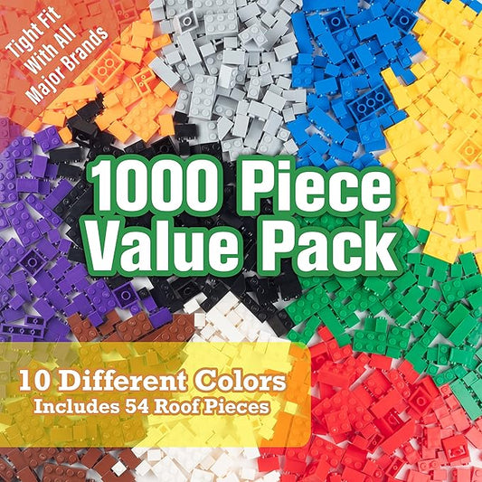 SCS Direct Building Block Bricks - Set of 1000 Pc Bulk Set -10 with 54 Roof Pieces - Compatible & Tight Fit w/All Major Brands - Great for Activity Tables, Creativity & School Projects, Kids Gift