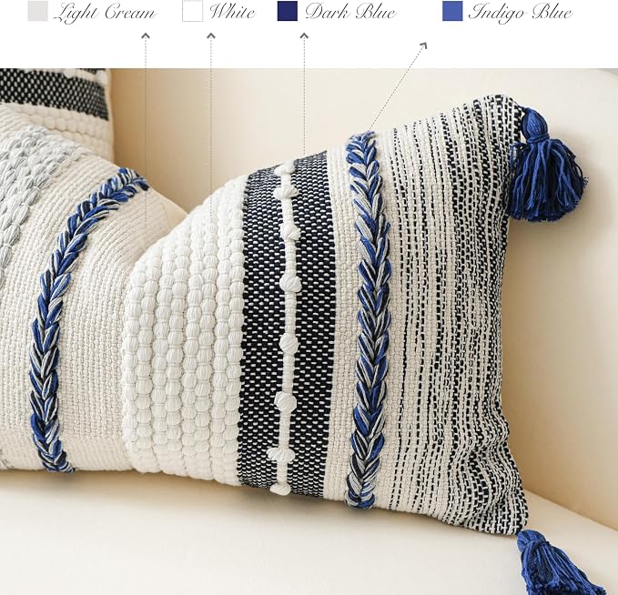 Navy Dark Blue Boho Decorative Lumbar Pillow Cover 14x36, Long Body Pillow for Bed, Accent Lumbar Throw Pillow for Couch, Modern Farmhouse Textured Pillowcase