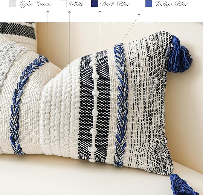 Navy Dark Blue Boho Throw Pillow Cover 22x22 Grey Decorative Accent Pillow for Couch Square Woven Textured Pillowcase Modern Boho Pillow for Bed, Bohemian Pillow Cover (Pack of 1)