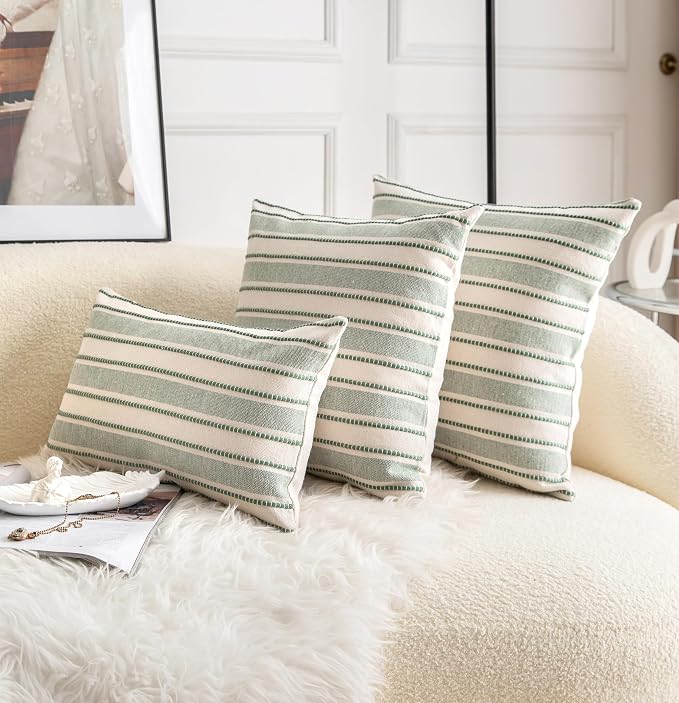 Cethom Decorative Boho Throw Pillow Covers, Farmhouse Textured Pillow Case, 18 x 18 Inch Set of 2, Chair Sofa Bedroom Living Room Home Decor Couch Cushion Case, Green and Beige Striped