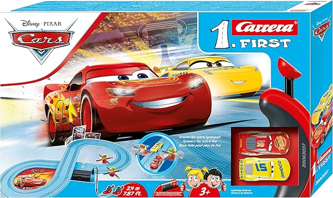 Carrera First Disney/Pixar Cars - Slot Car Race Track - Includes 2 Cars: Lightning McQueen and Dinoco Cruz - Battery-Powered Beginner Racing Set for Kids Ages 3 Years and Up