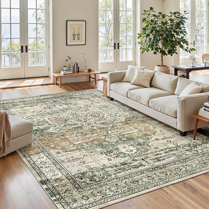 Soalmost 5x7 Area Rug Low Pile Washable Trendy Faded Style Rug, Olive Beige | Vintage Non-Slip Indoor Accent for Bedroom Dining, Foldable Stain Resistant Floor Carpet Mat Under Table Home Office Decor