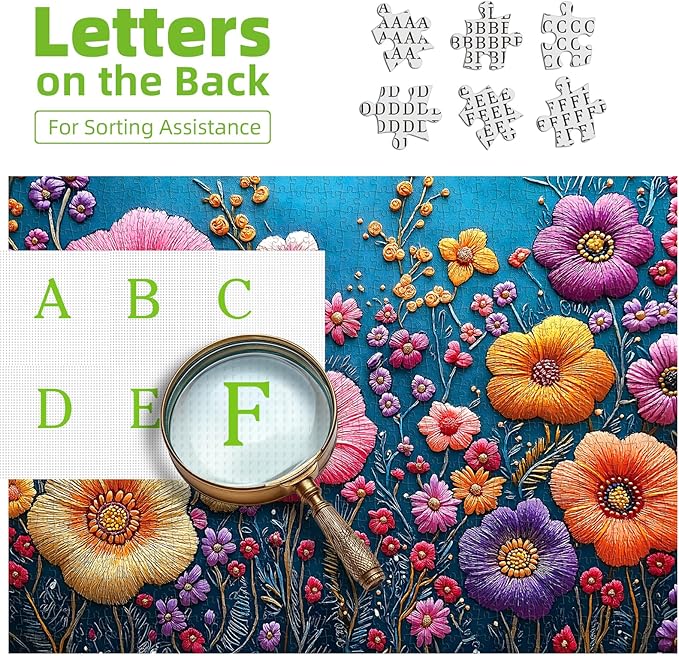 Blueforest Puzzles for Adults 1000 Pieces, Embroidery Flowers 1000 Piece Puzzle for Adults, Jigsaw Puzzles 1000 Pieces with Letters On Back Impossible Hard Difficult Challenging Family Puzzle
