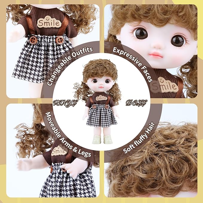 Kawaii Vinyl Dolls, Fashion Dolls Plush Toys for Girls with Strap Dress Double Ponytail Vinyl Face, Lovely Jointed Doll Fashional Stuffed Animals Gift for Birthday Christmas Collectible Toys 8.6 Inch