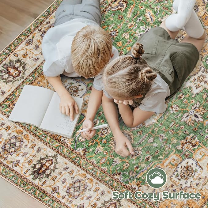 Area Rug 9x12 Washable Rug, Vintage Boho Medallion Rugs Non-Slip Soft Low Pile Large Distressed Rug Indoor Retro Carpet for Living Room Bedroom Dining Room Home Office (Vintage Green, 9'x12')