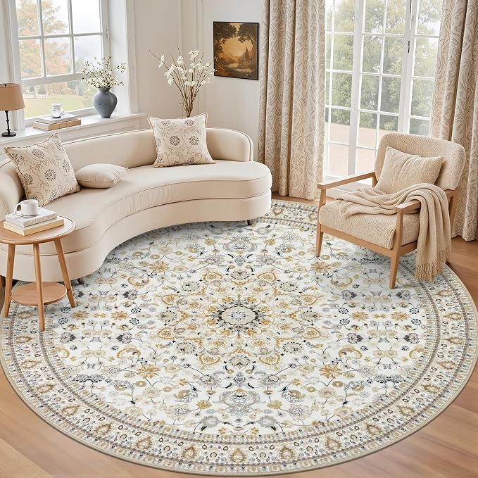 Round Area Rug for Living Room: 8 ft Washable Vintage Boho Soft Thin Circle Rug Indoor Floor No Slip Stain Resistant Carpet for Bedroom Dining Room Farmhouse Nursery Home Office - Beige