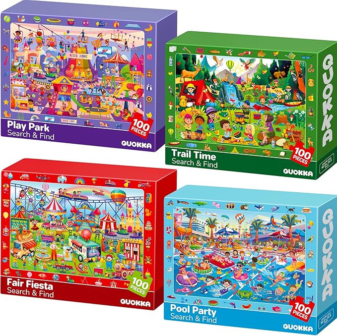 QUOKKA 100 Piece Puzzles for Kids Ages 4-6 – 4xSET Search and Find Kids Puzzles Ages 5-8 – Artist-Crafted Illustrations, Hidden Objects, Unique Jigsaw Shapes, Educational Activity for Learning & Play
