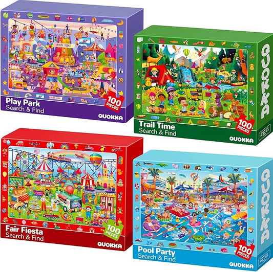QUOKKA 100 Piece Puzzles for Kids Ages 4-6 – 4xSET Search and Find Kids Puzzles Ages 5-8 – Artist-Crafted Illustrations, Hidden Objects, Unique Jigsaw Shapes, Educational Activity for Learning & Play