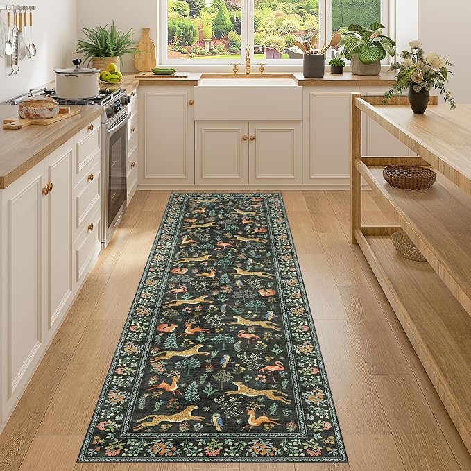 DUKINO 2x7 Runner Rug for Hallway, Washable Kitchen Rugs Non Slip, Black | Low Pile, Stain Resistant, Animal Indoor Carpet Runner for Hallway, Entryway, Bedroom, Bathroom, Lightweight, Pet Friendly