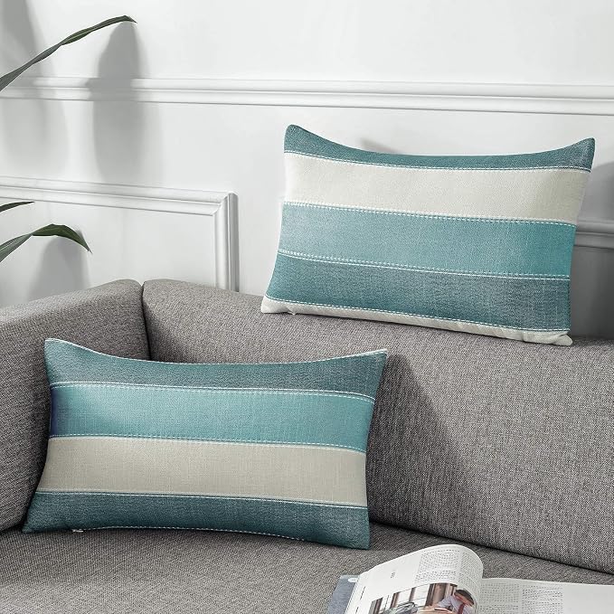 Pack of 2 Farmhouse Stripe Check Throw Pillow Covers Set Case Cotton Linen Decorative Pillowcases Cushion Cover for Couch Bench Sofa 12x20Inch Teal Blue