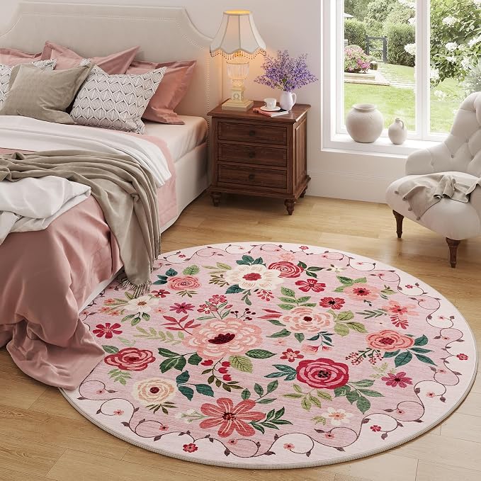 DUKINO 4ft Round Rug, Floral Washable Small Round Area Rug Non Slip, Pink | Soft, Low Pile, Stain Resistant Indoor Circle Rug for Bedroom, Kitchen, Kids Room, Living Room, Pet Friendly, Home Decor