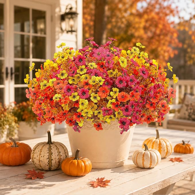 Artificial Faux Mums Flowers Plants for Outdoors Autumn Decoration,12 Bundles Fake Mums Plastic Silk Daisy Fall Flowers Plants UV Resistant Look Real for Outside Planters Patio Porch Yard 3 Multicolor