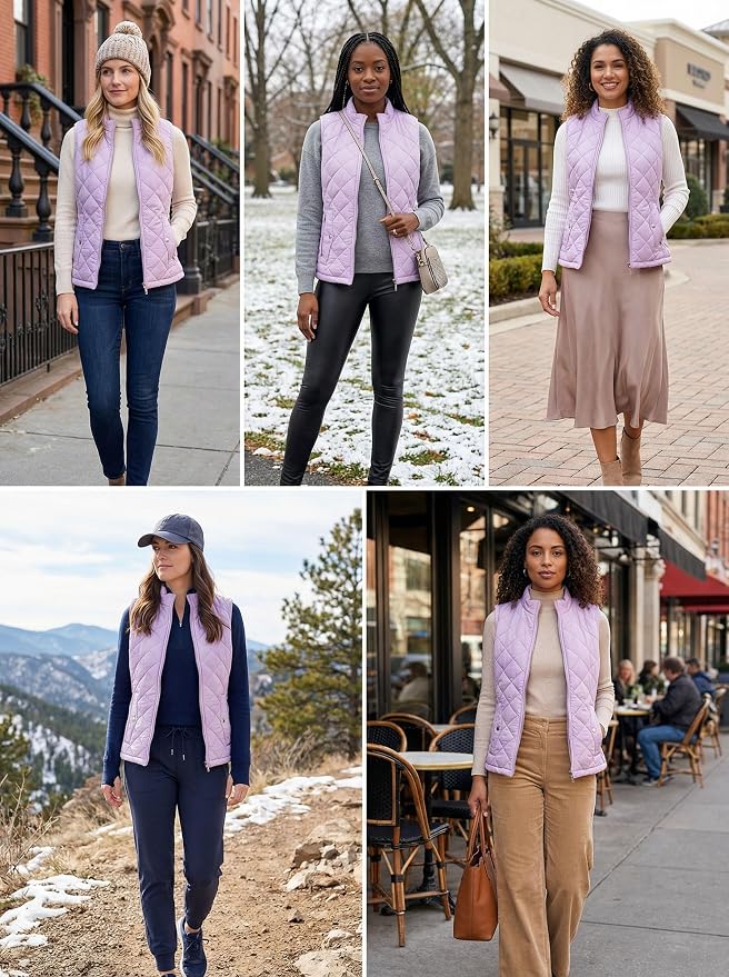 Fuinloth Women's Quilted Vest Lightweight Puffer Stand Collar Zip Gilet | 4 pockets with 2 inner storage. Quilted padded warm gilet. Fall winter outerwear layering vest for travel hiking daily wear.